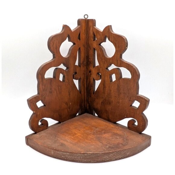 Victorian Wooden Hanging Corner Shelf with Cutout Fretwork Brown Gothic 9 x 6.5" - Picture 1 of 7